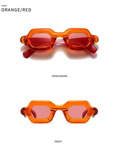 Front and top view of trendy orange geometric square sunglasses with tinted lenses
