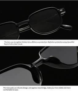 Detail of UV-protective lenses and integrated silicone nose pads on black sunglasses