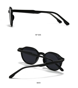 Detail view of round black sunglasses showing 90-degree side profile and back frame design