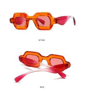 Detail view of bold square orange sunglasses with gradient temples from side and back