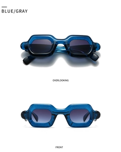Front and top view of blue-gray translucent square sunglasses with thick hexagonal frames