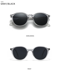 Detailed views of grey transparent round sunglasses with dark black polarized lenses