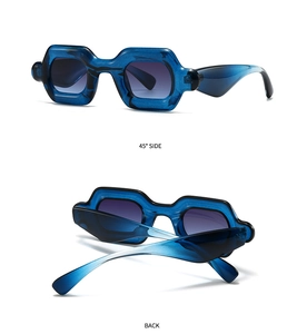Detailed 45-degree and back views of square blue marble sunglasses with gradient lenses