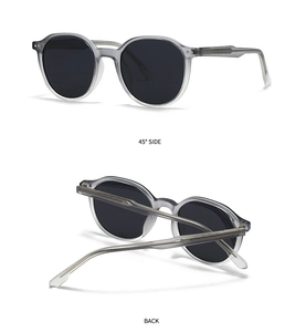 Detailed views showing the side and back of translucent round sunglasses with metal hinges