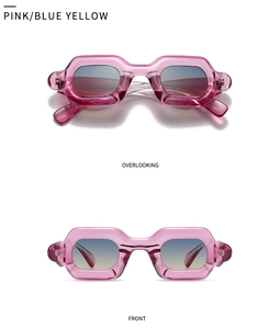 Top and front view of pink square sunglasses with blue-yellow gradient lenses