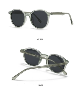 Detail view of round translucent sunglasses with gray lenses and geometric patterns