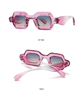 Detail of pink transparent square sunglasses with blue-yellow gradient lenses and side view