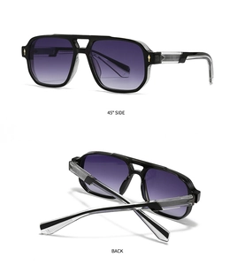 Détails des lunettes aviateur à double pont avec verres dégradés violets, vues latérale et arrière