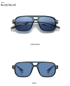 Détails de lunettes pilote bleues avec monture épaisse, double pont et charnière dorée