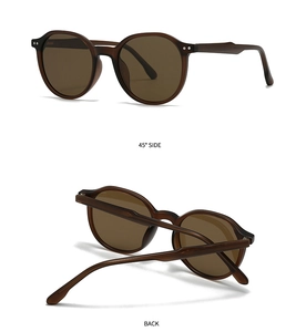 Detail view showing the 45-degree side and back of dark brown vintage round sunglasses