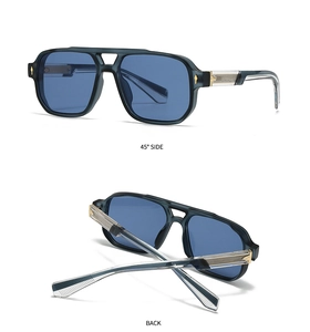 Vue détaillée de lunettes aviateur vintage à double pont avec monture noire et verres bleus