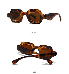 Macro detail of tortoiseshell thick frame sunglasses from 45 degree side and back views
