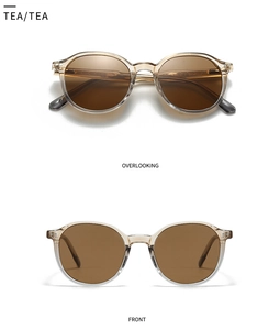 Detailed front and top view of round tea-colored sunglasses with resin frames