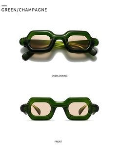 Front and top view of dark green square sunglasses with champagne lenses in detail