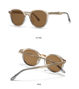Detailed 45-degree side and back views of vintage round tea brown sunglasses
