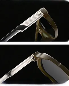Détail de lunettes pilote vertes avec branches texturées et charnières métalliques robustes