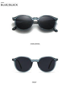 Close-up of blue translucent round sunglasses with black lenses and metal rivet details