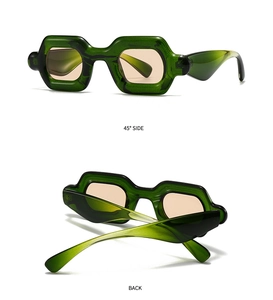 Dual-view of green geometric sunglasses showing 45-degree side and folded back profiles