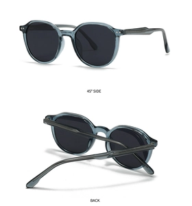 Dual view of round sunglasses in translucent blue-grey with dark lenses and rivet detail