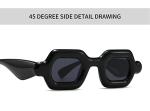 Detailed 45-degree side view of trendy black geometric thick frame sunglasses