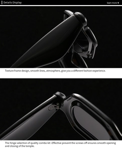 Detail of premium black square frame sunglasses showing high-quality metal hinge craftsmanship