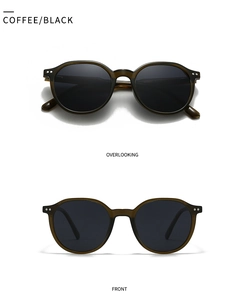 Front and top view of retro round coffee translucent sunglasses with black lenses