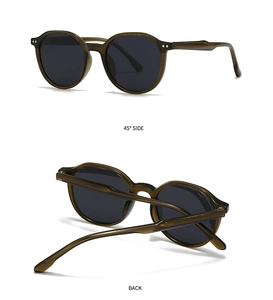 Detailed side and back views of dark green round sunglasses with translucent frames