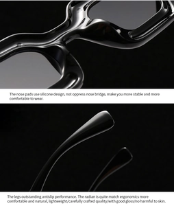 Detail of ergonomic silicone nose pads and anti-slip temples on glossy black sunglasses