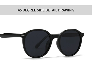 Detailed 45-degree side view of round black sunglasses with silver decorative dots