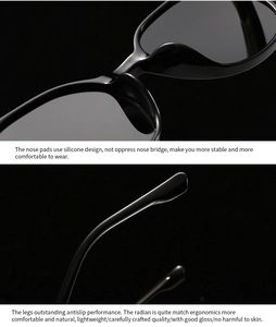 Detail view of ergonomic sunglasses showing anti-slip silicone nose pads and temples