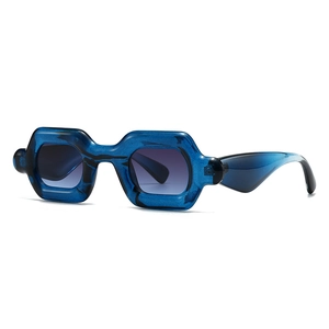 Modern square sunglasses with blue textured frames and purple gradient lenses