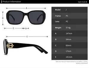 Detailed size specifications for square sunglasses with PC frame and lens dimensions