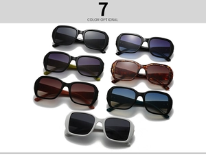 Detail view of seven colorful square oversized sunglasses with various trendy frames