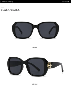 Front and side view of luxury black square sunglasses with golden metal logo detail