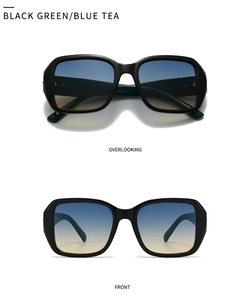 Square oversized sunglasses in black frame with blue tea gradient lenses dual view