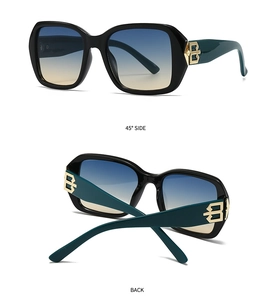 Side view and back detail of square sunglasses with gold B logo and green temples