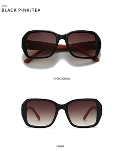Square sunglasses in black and pink frames with tea gradient lenses front and top view