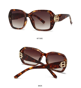 Detail view of square tortoiseshell sunglasses with gold B logo on temple from two angles