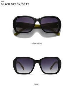 Front and top view of oversized square sunglasses with black frames and purple gradient lenses