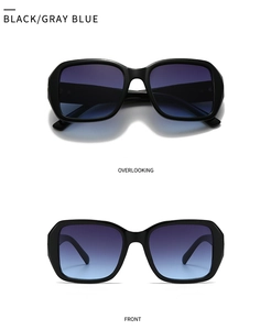 Front and top view of luxury square sunglasses with black frames and gray blue lenses