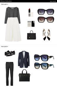 Flat lay of square sunglasses paired with trendy street style fashion outfits for men and women
