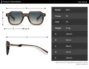 Detailed size chart for polygon sunglasses model 6207 showing precise frame dimensions
