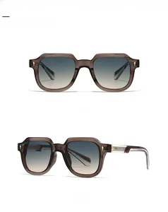 Detail of coffee frame sunglasses with blue-tea gradient lenses and gold rivets