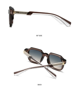 Side and back view of retro polygon sunglasses with brown gradient lenses and gold details