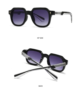 Detailed view of polygon sunglasses featuring black frames and purple gradient lenses