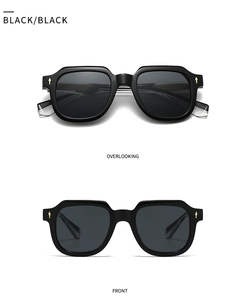 Front and top view of retro black polygon sunglasses with gold arrow metal rivet accents