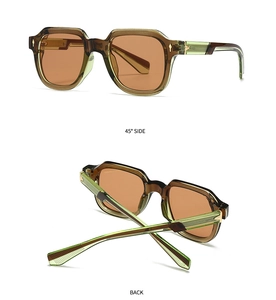 Detail view of vintage square sunglasses with green tortoiseshell frames and metal hinges