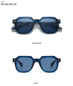 Detailed views of blue transparent sunglasses featuring golden arrow metal rivets