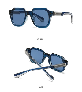 Deep blue polygonal sunglasses detail showing 45-degree side and folded back views