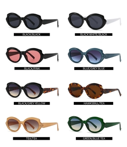 Detailed grid showing vintage oval sunglasses in eight stylish color variants and finishes